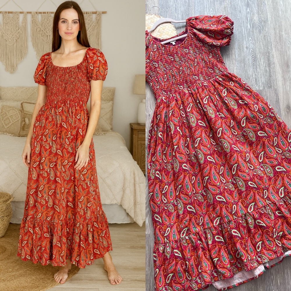 Blueberi boulevard paisley boho smocked‎ pinafore midi dress